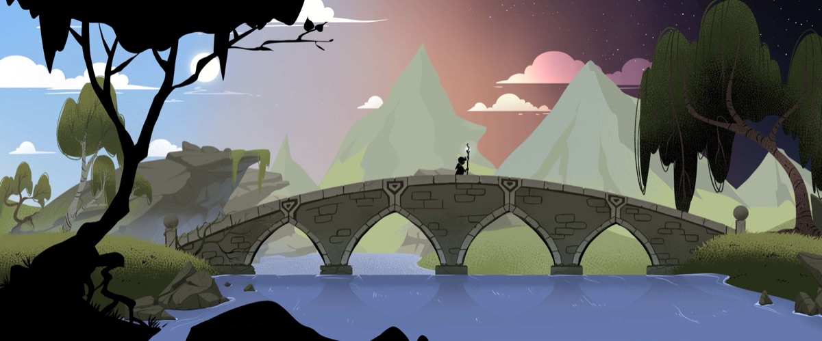 MistyWay biome: ancient stone bridge at twilight, illustrated by hand