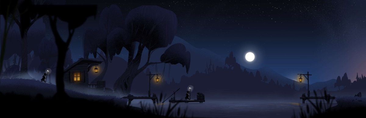 MistyWay biome: moonlit river with lanterns and a raft, illustrated by hand