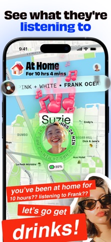 Bump App Store preview showing a friend on a live map with music and battery status